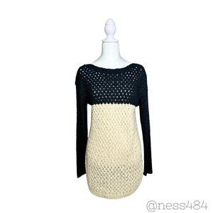 Dex Colorblock Crochet Knit Long Sleeve Sweater Dress Beige Black‎ NWOT